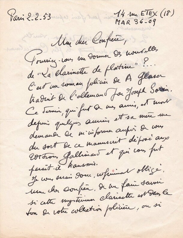 Lettre autographe signée à Raymond Queneau - 1953. Pierre Henri Cami