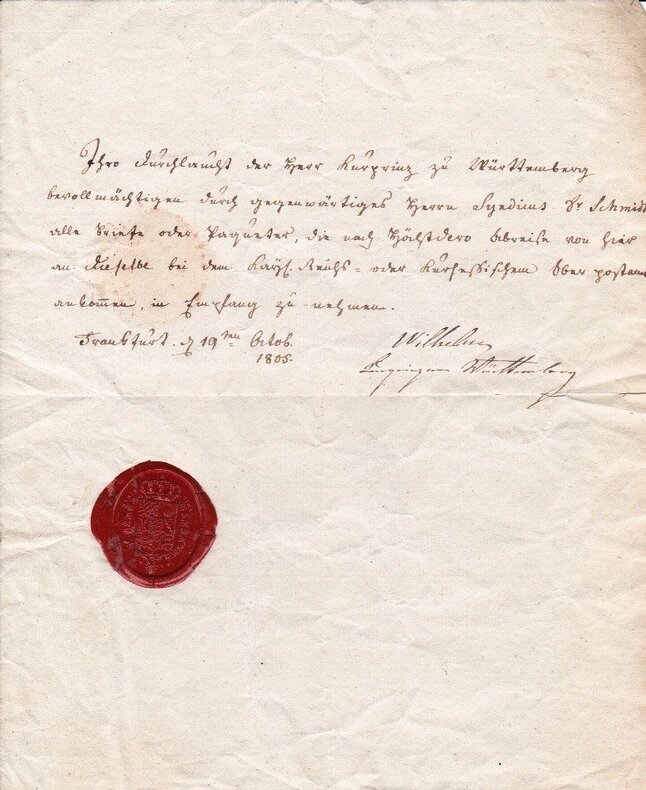 Lettre signée avec magnifique sceau de cire rouge aux armoiries . Guillaume Ier [futur roi de Wurtemberg] 