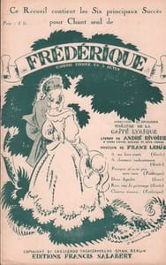 Partition de la chanson : Frédérique Ce recueil contient les six principaux Succès pour chant seul : - Ô, ma bien-aimée - Ô charmant enchantement - Pourquoi m'as tu pris mon coeur - Doux Agnelet - Rose, rose du printemps - Chantez oiseaux Frédérique