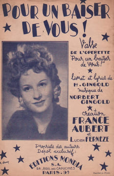 Partition de la chanson : Pour un baiser de vous ! Pour un baiser de vous! . Aubert France - Gingold Mr. - Gingold Mr.