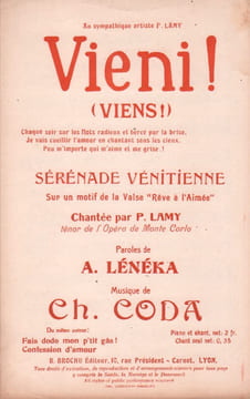Partition de la chanson : Vieni ! Viens ! Sérénade Vénitienne, sur un motif de la Valse " Rêve à l'Aimée " . Lamy P. - Coda Charles - Lénéka ...