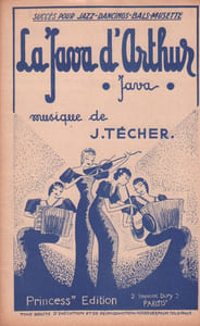 Partition de la chanson : Java d'Arthur (La) La couverture dépeint un orchestre de femme jouant de l'accordéon , violon et saxo. L'illustration est de Odette Peyron