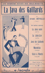 Partition de la chanson : Java des Gaillards (La) La couverture dépeint un accordéoniste ainsi que des couples de danseurs, l’illustration est signée Madrazo