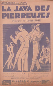 Partition de la chanson : Java des pierreuses (La) La couverture dépeint des couples de danseurs ainsi qu'un accordéoniste, l’illustration est signée Madrazo
