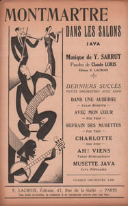 Partition de la chanson : Montmartre dans les salons La couverture dépeint un accordéoniste ainsi que des couples de danseurs, l’illustration est signée Madrazo