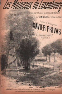 Partition de la chanson : Moineaux du Luxembourg (Les) " Les moineaux du Luxembourg " créée par l'auteur Xavier Privas au banquet Mürger ; Loys Henri Delteil ( dessinateur , graveur, lithographe et illustrateur français ) a reproduit dans son illustration du jardin du Luxembourg , sur cette couverture de partition , le monument en l'honneur de l'écrivain Henri Mürger    Tranche en état moyen mais très correct   Tréteau de Tabarin