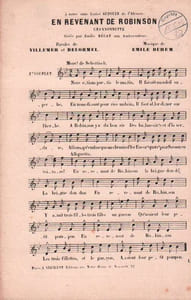 Partition de la chanson : En revenant de Robinson " A notre amie Louise Audouin de l'Alcazar "      Chansonnette Théâtre des Ambassadeurs