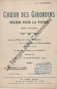 Partition de la chanson : Choeur des Girondins  Mourir pour la Patrie   Tampon Chevalier de Maison Rouge  Théâtre de la Porte Saint-Martin