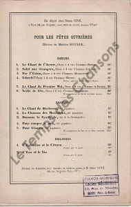 Partition de la chanson : Chant du premier Mai (Le) " Le chant du Premier Mai " chanson à l'occasion de la Fête du travail; Choeur à 4 voix d'hommes, accompagnement piano Chanson ouvrière