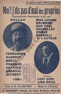 Partition de la chanson : Moi ! j'dis pas d'mal des proprios Feuillet détaché Chansonnette monologue . Dullac,Dacrémon Raphael - Léojac - ...