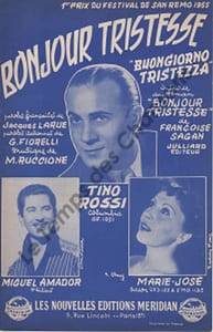 Partition de la chanson : Bonjour tristesse / Buongiorno tristezza 1er prix du Festival de San Remo 1955; inspiré du roman de Françoise Sagan Adhésif intérieur