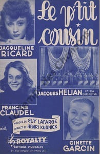 Partition de la chanson : P'tit cousin (Le) . Hélian Jacques,Claudel Francine,Garcin Ginette,Ricard Jacqueline - Lafarge Guy - Kubnick Henri