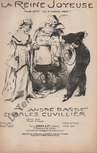 Partition de la chanson : Reine joyeuse (la) Edition originale de cette partition chant, illustrée par Lucien Métivet ( peintre, affichiste, illustrateur ) Oh ! la troublante volupté !