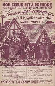 Partition de la chanson : Mon coeur est à prendre Simone est comme ça Théâtre des Bouffes Parisiens