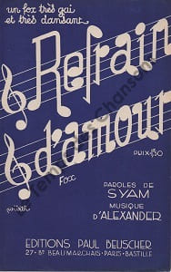Partition de la chanson : Refrain d'amour        
