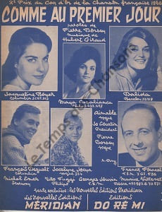 Partition de la chanson : Comme au premier jour . Dalida,Deguelt François,Pourcel Franck,Boyer Jacqueline,Jocya Jocelyne,Casabianca Maya - ...
