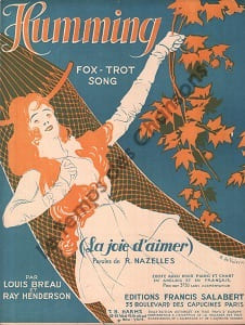 Partition de la chanson : Humming ( La joie d'aimer ) Partition d’édition originale chez Francis Salabert pour piano , illustrée par Roger de Valerio (Illustrateur, affichiste et peintre français )