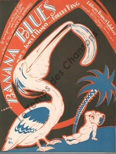 Partition de la chanson : Banana blues ( I've go the yes! we have no ) Partition d’édition originale chez Francis Salabert pour piano , illustrée par Roger de Valerio (Illustrateur, affichiste et peintre français ) Cette illustration caricaturale des Afro-américains montre bien l'époque de la représentation par l'image de la négritude dont les noirs sont victimes