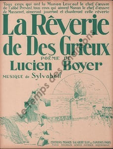 Partition de la chanson : Rêverie de des grieux Poésie