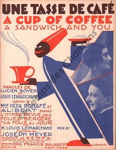 Partition de la chanson : Tasse de café ... Un sandwich et vous ? (Une) (A cup of coffee a sandwich and you ) <div class="woocommerce-product-details__short-description"> Partition d’édition originale chez Francis Salabert pour piano, chant , illustrée par Roger de Valerio (Illustrateur, affichiste et peintre français ) Cette illustration caricaturale des Afro-américains montre bien l’époque de la représentation par l’image de la négritude dont les noirs sont victimes </div>