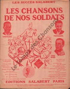 Partition de la chanson : Chansons de nos soldats (Les) Recueil de quatorze chansons : Francine -C'est un mauvais garçon - Avant d'être capitaine - Heigh-ho ! - Mia Piccolina - Ma Banlieue - Sur le plancher des vaches - Auprès de ma blonde - Les godillots sont lourds - Meunier, meunier, tu es cocu - Sur la route de Louviers - La musique qui passe - Prosper ... top la boum - En passant par la Lorraine