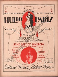 Partition de la chanson : Some sort of somebody ( All of the time ) Partition d’édition originale chez Francis Salabert pour piano, chant , illustrée par Roger de Valerio (Illustrateur, affichiste et peintre français ) Hullo Paris Chanson duo Théâtre Mogador