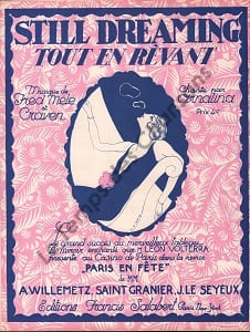 Partition de la chanson : Still dreaming ( Tout en rêvant ) <div class="woocommerce-product-details__short-description"> <div class="woocommerce-product-details__short-description"> Partition d’édition originale chez Francis Salabert pour piano, chant , illustrée par Roger de Valerio (Illustrateur, affichiste et peintre français ) très jolis illustration Art Déco </div> </div> Paris en Fête Casino de Paris