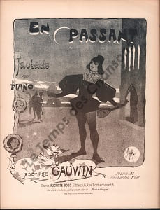 Partition de la chanson : En passant ... Partition d'édition originale Auguste Bosc pour piano uniquement, aubade dédié à Madame Jane Avril. ...