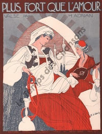 Partition de la chanson : Plus fort que l'amour Partition d’édition originale chez Francis Salabert pour piano uniquement, illustrée par Roger de Valerio (Illustrateur, affichiste et peintre français )