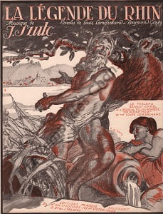Partition de la chanson : Légende du Rhin (La) Partition d’édition originale chez Francis Salabert pour piano et chant , couverture de la partition illustrée par Roger de Valerio (Illustrateur, affichiste et peintre français ) En pleine folie Folies Bergères