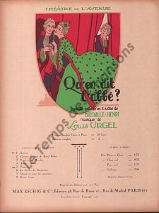 Partition de la chanson : Pastorale     Feuillet détaché Qu'en dit l'abbé ?  Théâtre de l'Avenue
