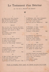 Partition de la chanson : Testament d'un détrôné (Le) Guillaume II Empereur d'Allemagne Simple feuillet vendu au bénéfice d'une oeuvre de Charité