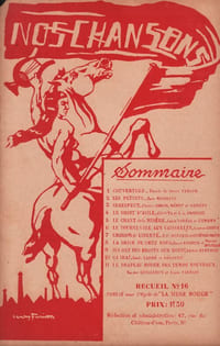 Partition de la chanson : Nos chansons Recueil n° 16 Textes de : Jean Richepin ( Les Petiots ) - Pierre Simon-Merop ( Irrespect ) - Clovys ( Le droit d'Asile ) - Louis Loréal ( Le chant de la misère ) - Gaston Couté ( Le Tournevire aux vaisselles ) - Jean-Paul Monteil ( Chanson de liberté ) - Henri Lucotte ( La brise de chez nous ) - Victor Berthou ( Ils ont des droits sur nous ) - Louis Ladré ( ça ira ! ) - Xavier Guillemin ( Le drapeau rouge des temps nouveaux ) Chanson anarchiste