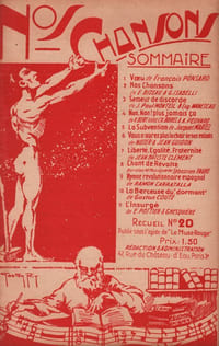 Partition de la chanson : Nos chansons recueil n° 20 Dernier numéro ; Textes de : François Ponsard ( Voeu ) - Eugène Bizeau ( Nos chansons ) - J.Paul Monteil ( Semeur de discorde ) - Victor Berthou ( Non, non, plus jamais ça ) - Jacques Martel ( La subvention ) - Sébastien Faure ( Chant de révolte ) - Noter ( Vous n'aurez plus la chair de nos enfants ) - Jean-Baptiste Clément ( Liberté, Egalité, Fraternité ) - Ramon Carratalla ( Hymne révolutionnaire Espagnol ) - Gaston Couté ( La berceuse du dormant ) - E. Pottier ( L'insurgé ) Chanson anarchiste