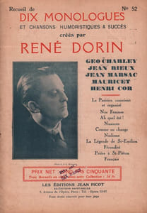 Partition de la chanson : Dix monologues et chansons humouristiques Le Parisien conscient et organisé - Nos femmes - Ah quel été - Nuances - Comme on change - Nudisme - La légende de Saint-Emilion - Fécondité - Prière à Saint-Piéton - Français Sans accompagnement Monologue