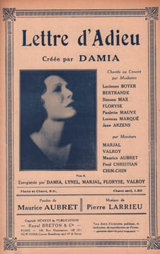 Partition de la chanson : Lettre d'adieu        . Boyer Lucienne,Damia,Max Simone,Floryse,Bertrande,Mauve Paulette,Arzens Jane - Larrieu Pierre - ...