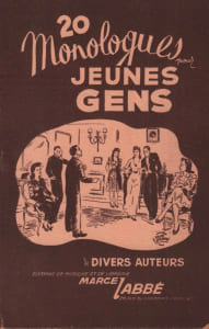Partition de la chanson : Vingt monologues pour jeunes gens <ul> <li>Le fauteuil 52 - A.E.I.O.U. - Voulez-vous un monologue - Je pars en voyage - Un nouveau martyr - Le lièvre et la tortue - Le corbeau et le renard - Trop difficile - Ah ! les grands chapeaux - La grenouille et le boeuf - Pourquoi je suis célibataire - Un monsieur qui s'ennuie - Le mouchoir de Jean - Le piano, le panier et le panneau - Un monsieur qui bégaye - Le programme - Les geaetés du téléphone - Je suis bavard - Le sapin et le pantalon</li> </ul> Monologue comique,Fable
