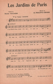 Partition de la chanson : Jardins de Paris (Les) . - Philippe-Gérard M. - Vaucaire Michel