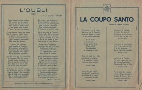 Partition de la chanson : La coupo santo Feuillet de 3 chansons sans accompagnement édité par la Section d'A.F. de Salon-de-Provence : - "la Royale" (chanson marche des camelots du Roi) - "L'oubli"