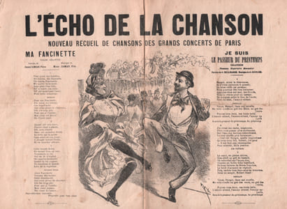 Partition de la chanson : Echo de la chanson (L') Nouveau recueil de chansons des grands concerts de Paris contenant : Ma fancinette - Je suis le passeur de printemps - J'ai perdu ma gigolette - Le rossignol du Rhin - Le poteau frontièere ça fait plaisir aux femmes - La mitrailleuse volée - Un voleur - Candidature féministe - Le départ des bleus       Eldorado,Chat Noir,Alcazar d'Eté,Scala,Eden Concert,Horloge (L'),Pépinière