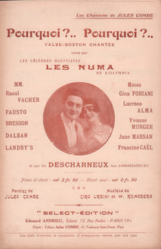 Partition de la chanson : Pourquoi ? ... Pourquoi ? Sur les motifs de la célèbre valse "Anxiété d'un coeur" Olympia. Numa Fred,Les Numa - Urbini ...