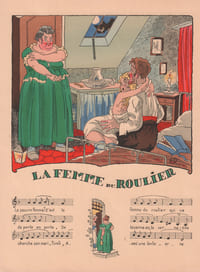 Partition de la chanson : Femme du roulier (La) Chanson Paillarde, partition illustrée (Monogramme ER) double page Vieille chanson Française