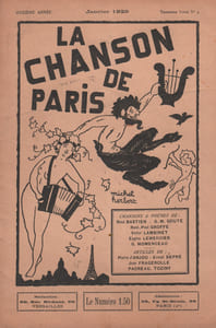 Partition de la chanson : Revue Mensuelle la Chanson de Paris La chanson de Paris est une revue mensuelle d'association de chansonniers, poètes et compositeurs fondée en 1919. Onzième année janvier 1929. Quelques lignes sur Eugène Lemercier par Ernest Depré. Présentation d 'un poète de l'Anjou Marc Leclerc par Pierre d'Anjou. Texte de la légende de la Baleine et du Carrelet d'Eugène Lemercier. Présentation de Marguerite Duriezpar Raymond Pacreau. Chanson "Souvenirs et Chrysanthèmes" de Gaston Couté . Hommage à Gabriel Montoya. La rédemption de Don Quichotte poème de René-Paul Groffe