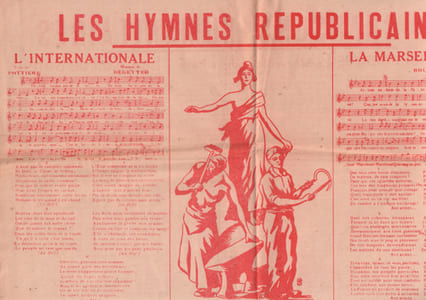 Partition de la chanson : Hymnes Républicains et chansons Humanitaires (Les) Feuillet recto-verso comprenant 12 titres certains sur un air connu-: L'internationale - La Marseillaise - La Carmagnole du Front Populaire - Courage Espagne - Pour le pain la paix la liberté - Rappelle-toi mon gas - La Marseillaise de la Paix - Le chant du soleil - Quand on aime bien sa maman - Non, plus jamais ça - Si les enfants savaient Chant patriotique,Chant National,Chant Révolutionnaire