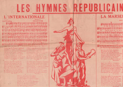 Partition de la chanson : Hymnes Républicains et chansons Humanitaires (Les) Feuillet recto-verso comprenant 12 titres certains sur un air connu-: L'internationale - La Marseillaise - La Carmagnole du Front Populaire - Courage Espagne - Pour le pain la paix la liberté - Rappelle-toi mon gas - La Marseillaise de la Paix - Le chant du soleil - Quand on aime bien sa maman - Non, plus jamais ça - Si les enfants savaient Chant patriotique,Chant National,Chant Révolutionnaire