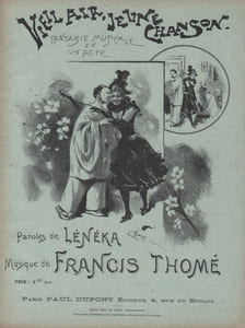 Partition de la chanson : Vieil air, jeune chanson Fantaisie Musicale en un acte (21 pages avec scène), distribution Arlequine : Mlle Duvallon, du Théâtre de la Gaîté - Pierrot : M. Saarboorg, du Théâtre des Nouveautés ; Chef d'Orchestre: M. N.-T. Ravera
