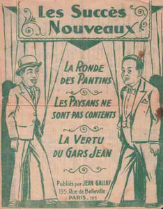 Partition de la chanson : Les Succès nouveaux Recueil de cinq titres sans accompagnement : - La ronde des Pantins - Les paysans ne sont pas contents - La vertu du gars Jean - Promenade à Meudon - A la mod' de cheux nous