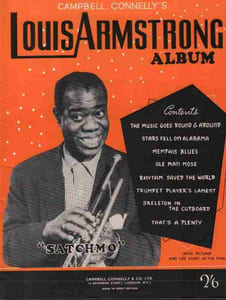Partition de la chanson : Louis Armstrong album Pour piano , trompette et guitare , avec photos, contenant 8 titres : - Memphis Blues - The music goes round and around - Stars fell on Alabama - Ol' man mose - Rhythm saved the world - The trumpet player's lament - The skeleton in the cupboard That's a plenty