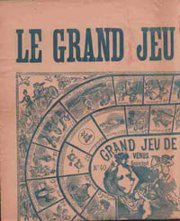 Partition de la chanson : Grand jeu de l'amour (Placard jeu de l'oie) Placard illustrant un jeu de l'oie par Armand Bourgarde , accompagné de quelques titres de chansons " les bonnes vieilles chansons" au recto et verso : - Les cloches de Corneville - La ferme aux fraises - Parigot et paysan - Quand l'oiseau chante - La chanson de Marinette - Vous êtes si jolie - Pauvre fous ! - Le violon brisé - Les regrets de Mignon etc ... Placard, quelques points avec adhésif, hauteur : 72cm- largeur: 55cm