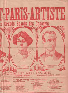 Partition de la chanson : Tout Paris - Artiste, les grands Succès des Concerts Placard de chansons recto-verso , des grands succès des Concerts : - La musique qui passe - Gervaise - Nuit tragique - Le moulin de Maitre Jean - Le carillonneur etc ... hauteur 80 cm , largeur 57 cm